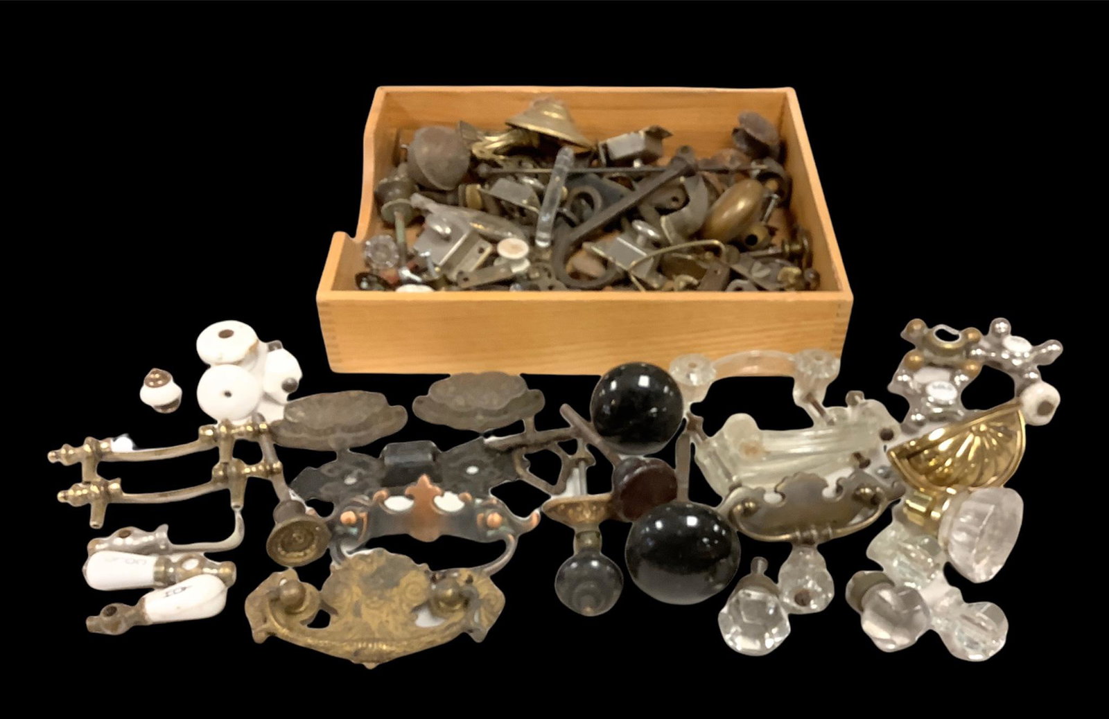 Lot of Victorian hardware including porcelain and glass: Lot of Victorian hardware including porcelain and glass knobs.