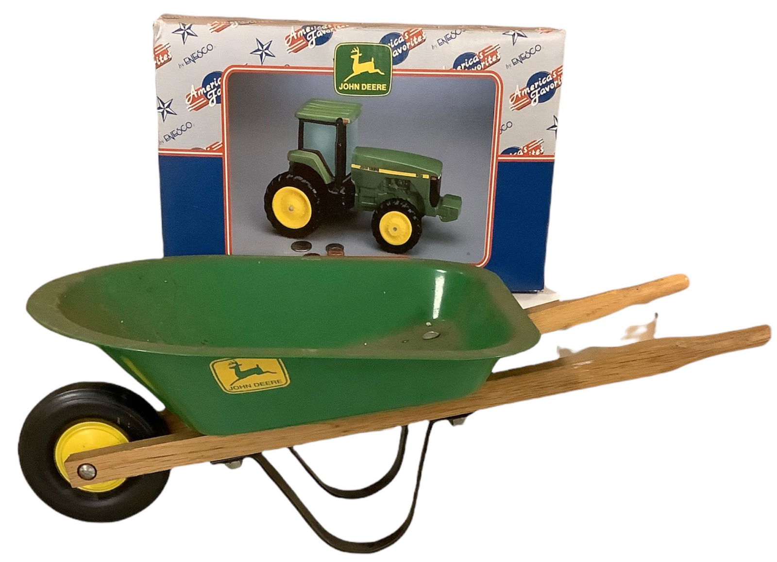 Lot of John Deere items including wheelbarrow and money (1 of 3)