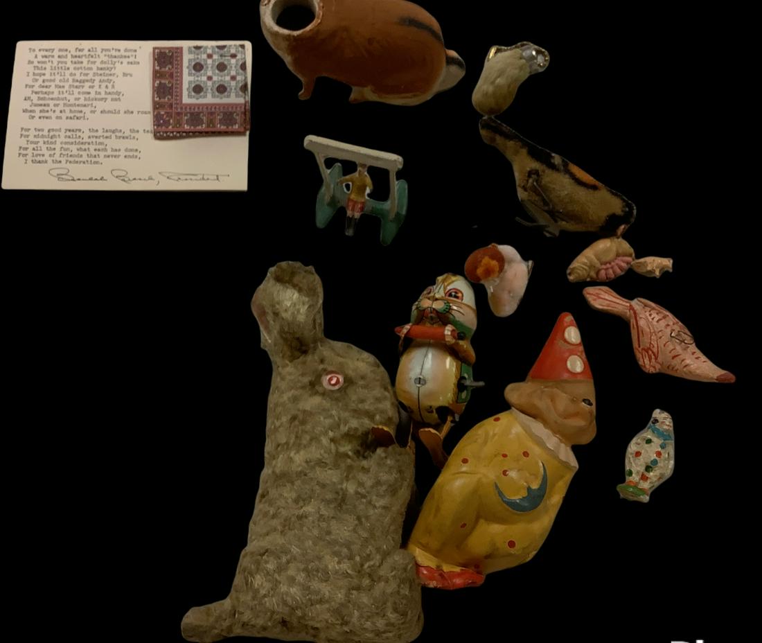 Lot of antique toys. One papier-m‚chÈ rabbit: Lot of antique toys. One papier-m‚chÈ rabbit head is missing
