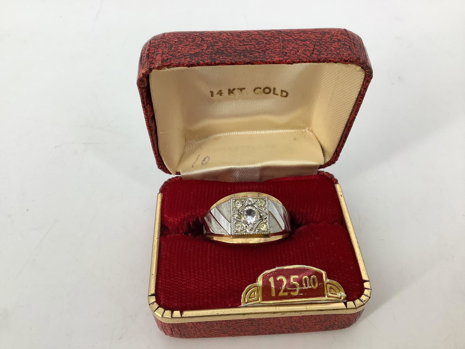 Vintage Fashion Ring: Vintage Fashion Ring Gold plated (stamped and tested), size 10 with tapered shank, dual tone/finishes, with clear diamante stone rounds measuring up to 4.5mm in diameter. Signed, vintage age.