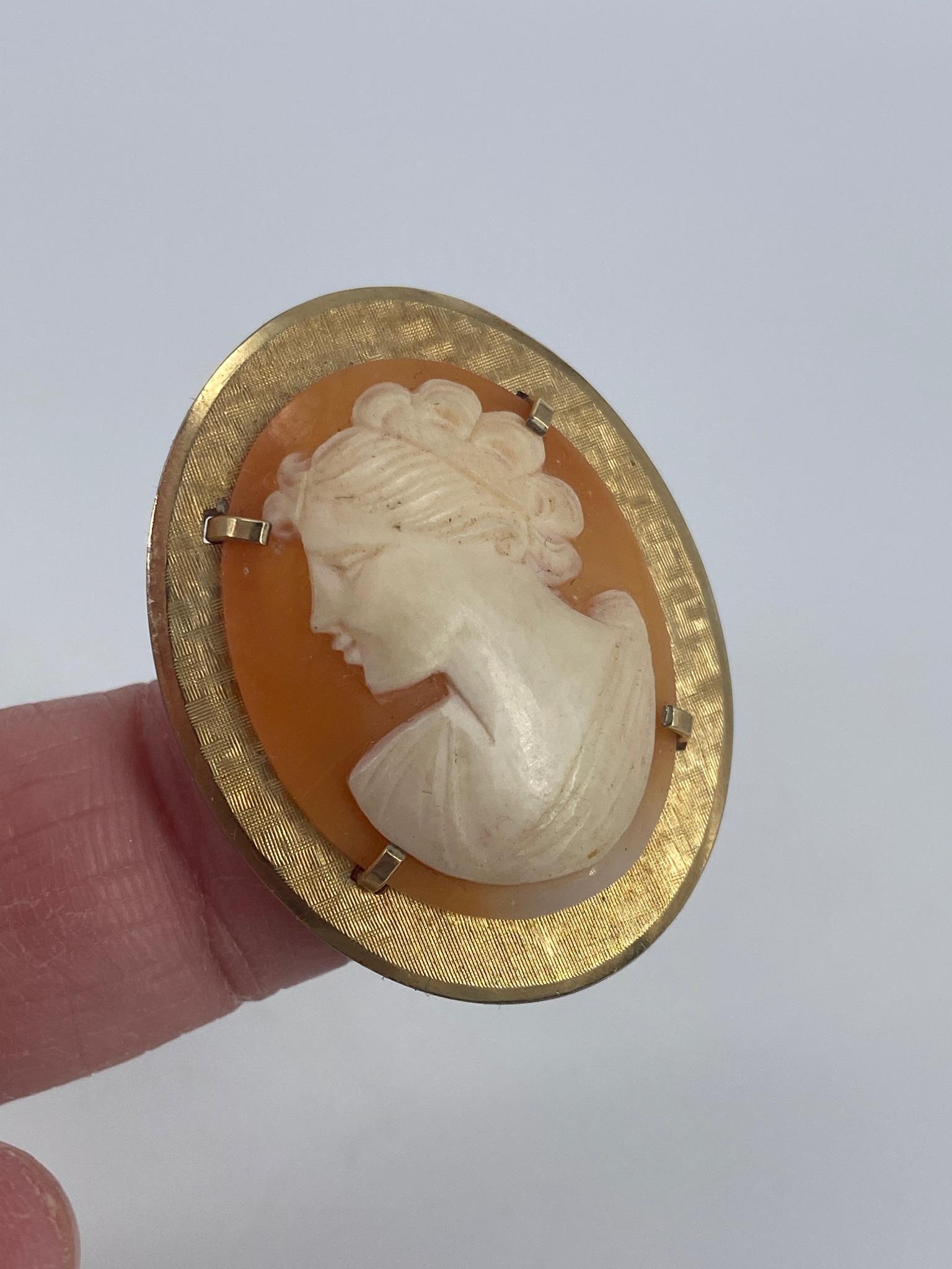 Vintage Cameo Pin/Pendant with Gold-Filled Backing: Vintage Cameo Pin/Pendant with Gold-Filled Backing Measures 38.5mm x 35.75mm in size, no stamps/signature, mounting features florentine metal finish, hand-carved carnelian shell cameo center stone (no