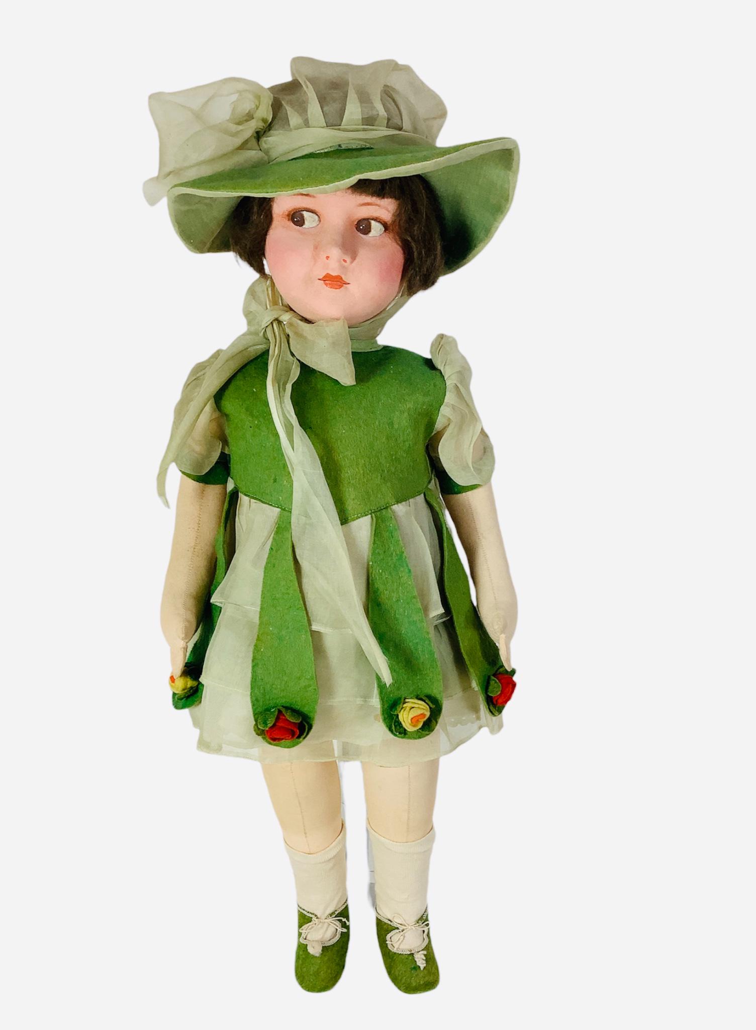 Pressed cloth or mache socket head girl. Likely German impressed "10" on back of neck, 25" doll with (1 of 5)