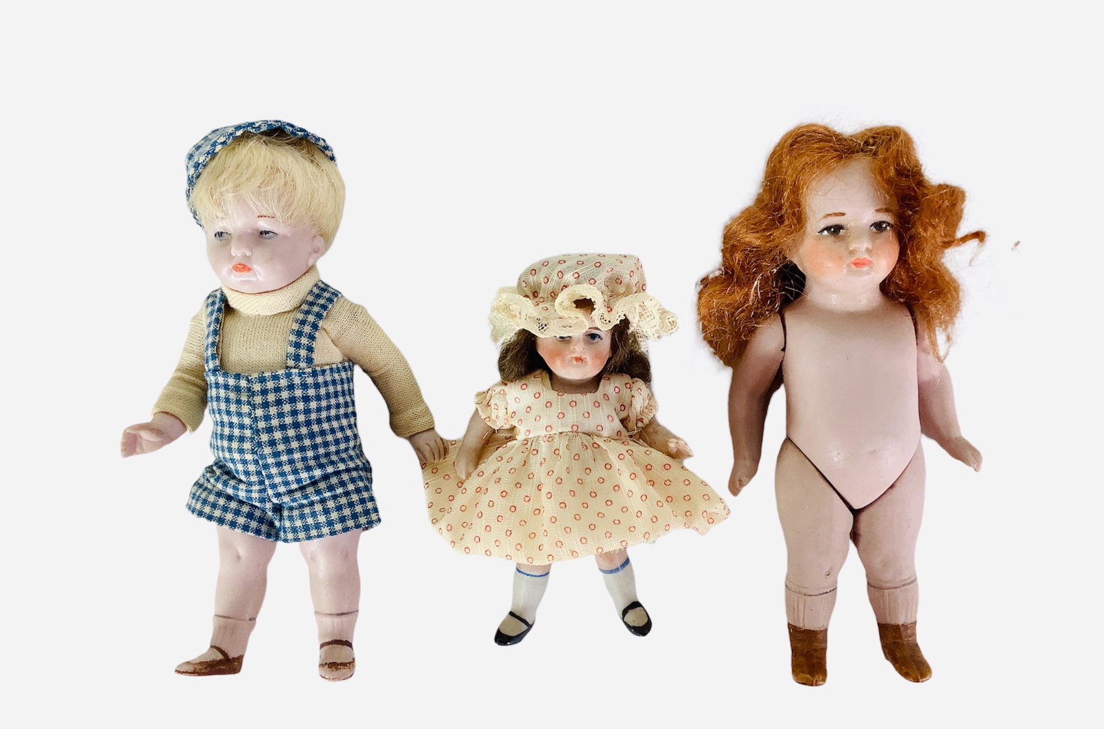 (3) Small All Bisque dolls. Includes 5" boy with one-piece head/torso, wire jointed arms and legs, (1 of 3)