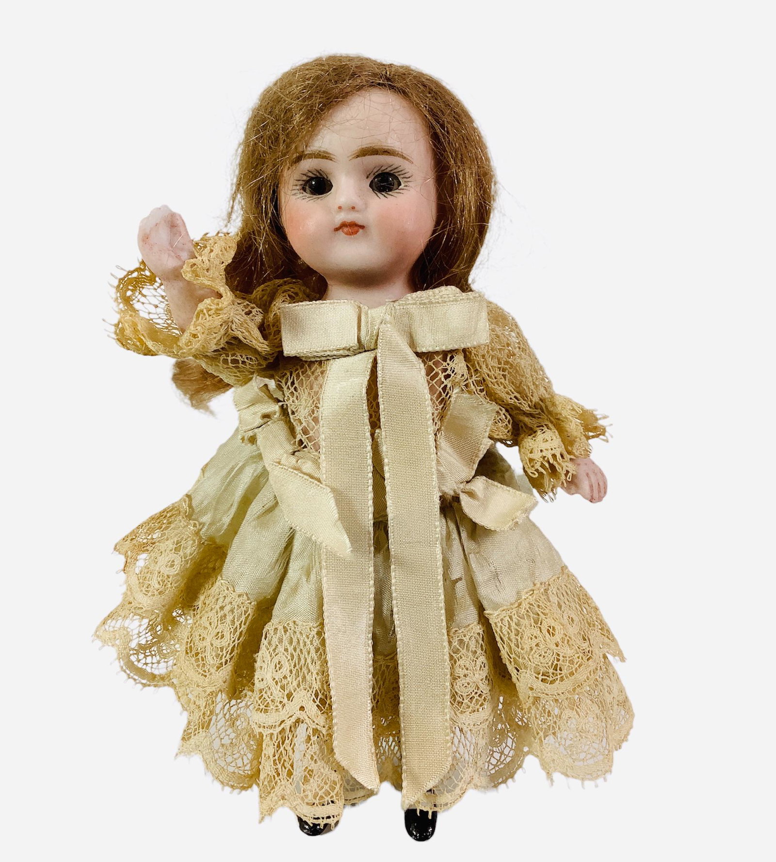 All Bisque German Girl. 5 1/4" doll marked 3/0, one-piece head/torso/legs, strung arms, mohair wig, (1 of 4)