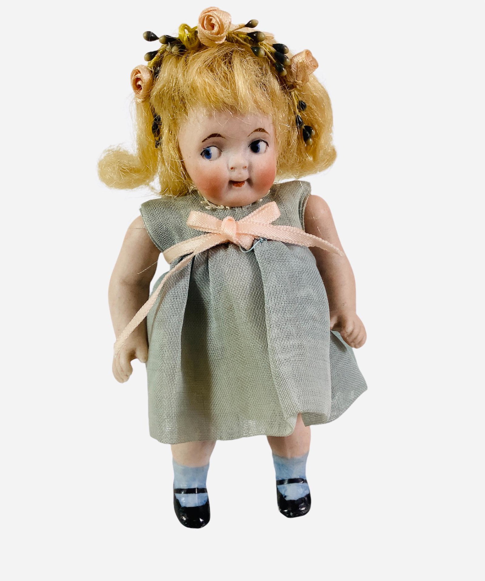 All Bisque German Googly girl. 4 1/2" doll with one-piece head/torso, mohair wig, molded and painted (1 of 2)