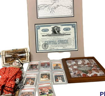 Lot of a variety of collectibles in New York Central railroad company certificate.: Lot of a variety of collectibles in New York Central railroad company certificate. Cincinnati Reds picture of players and string puppet .