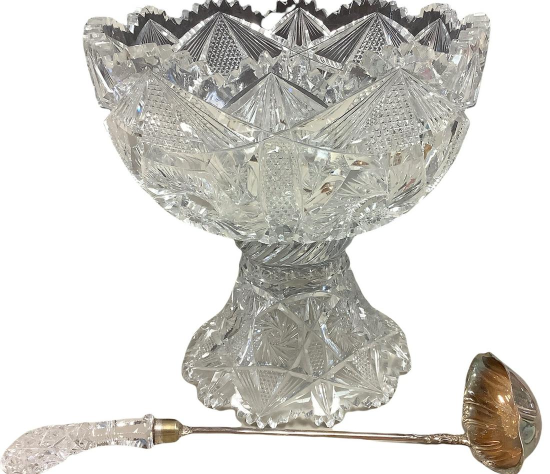 Large brilliant cut-glass punch bowl w/three piecesÃ³base, bowl and ladle. Ladle is marked Wm. (1 of 2)