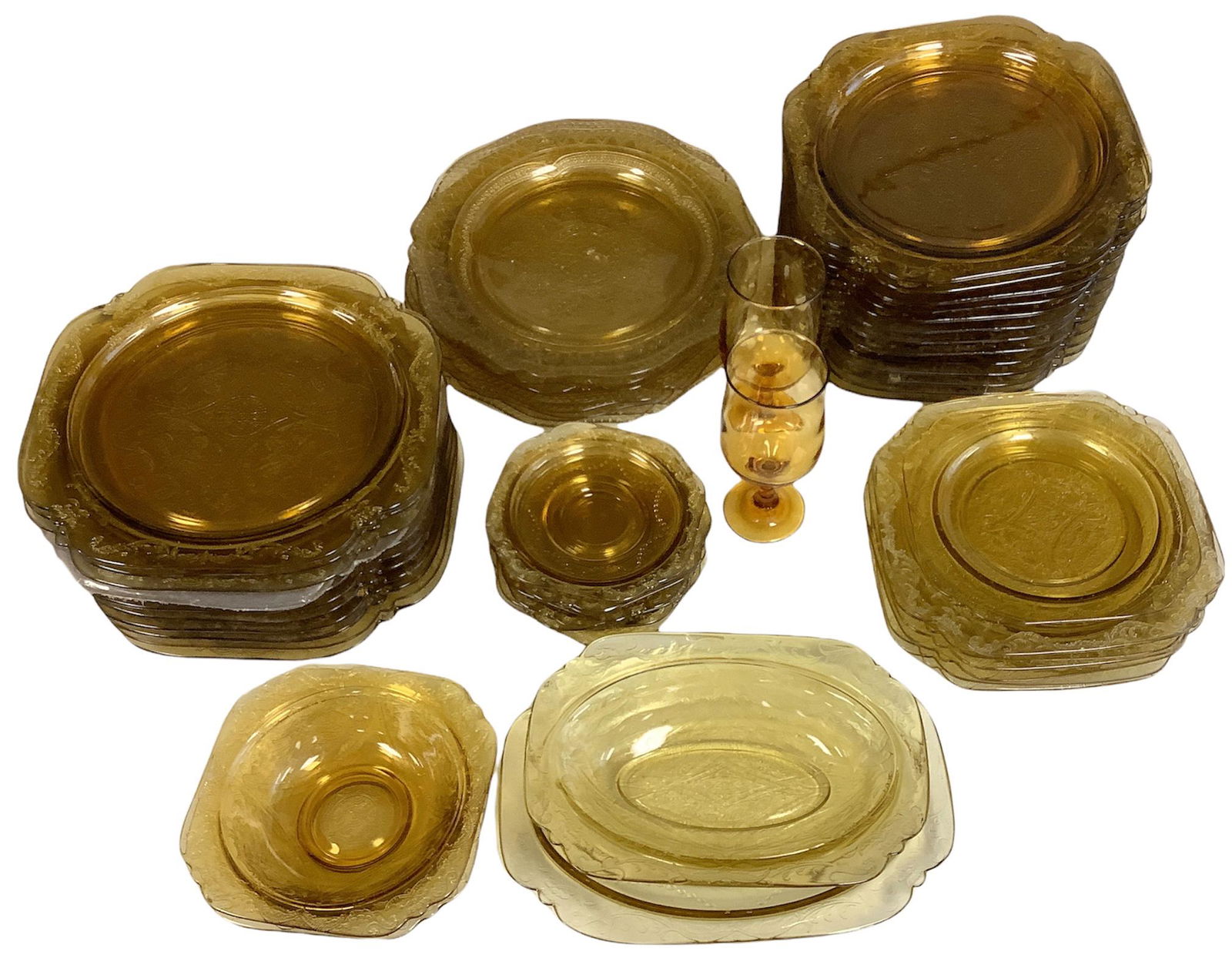 Set of Vintage amber Depression glass dinnerware including twenty-three 10.5" square plates, eight (1 of 1)