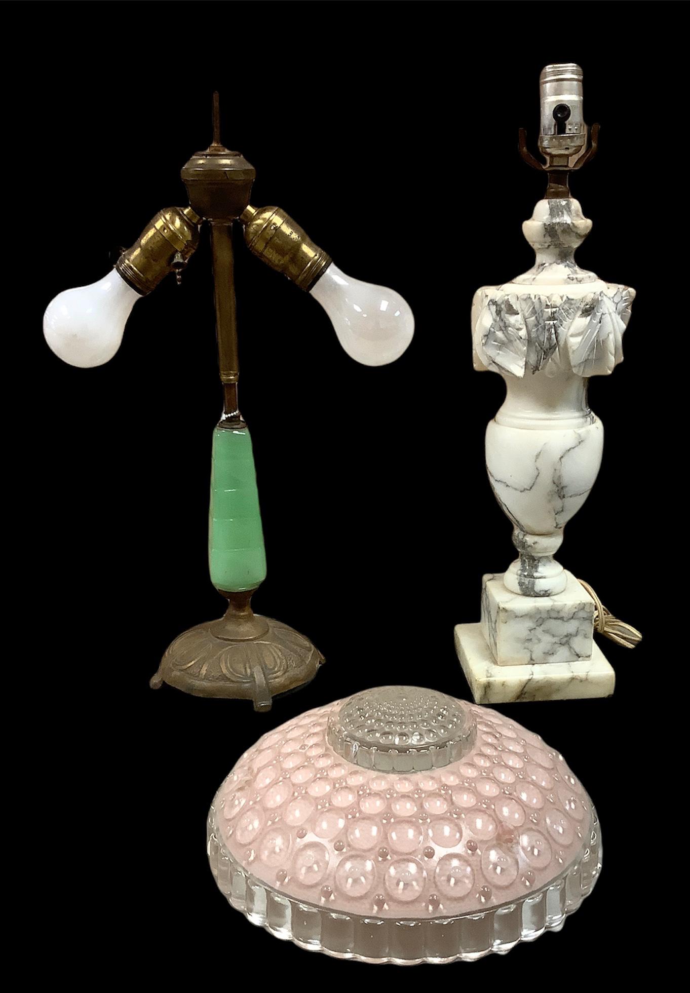 2 lamps, one marble 18.5" tall, one with Jadite. Neither have shades. 1 pink hobnail glass shade 10": 2 lamps, one marble 18.5" tall, one with Jadite. Neither have shades. 1 pink hobnail glass shade 10" bottom diameter.