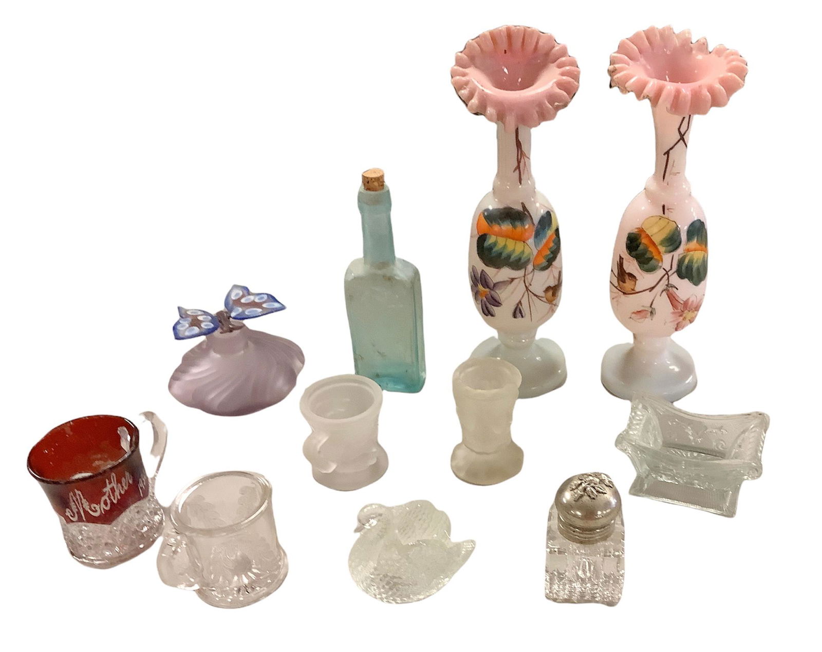 Lot of miscellaneous glass toothpick holders, inkwell, perfume bottle two vintage hand paint vases. (1 of 1)