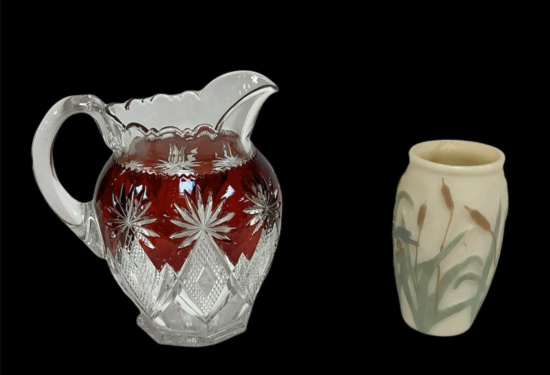 Pitcher 8" high cut glass with some ruby red coloring red showing wear. Not marked. Phoenix (1 of 1)