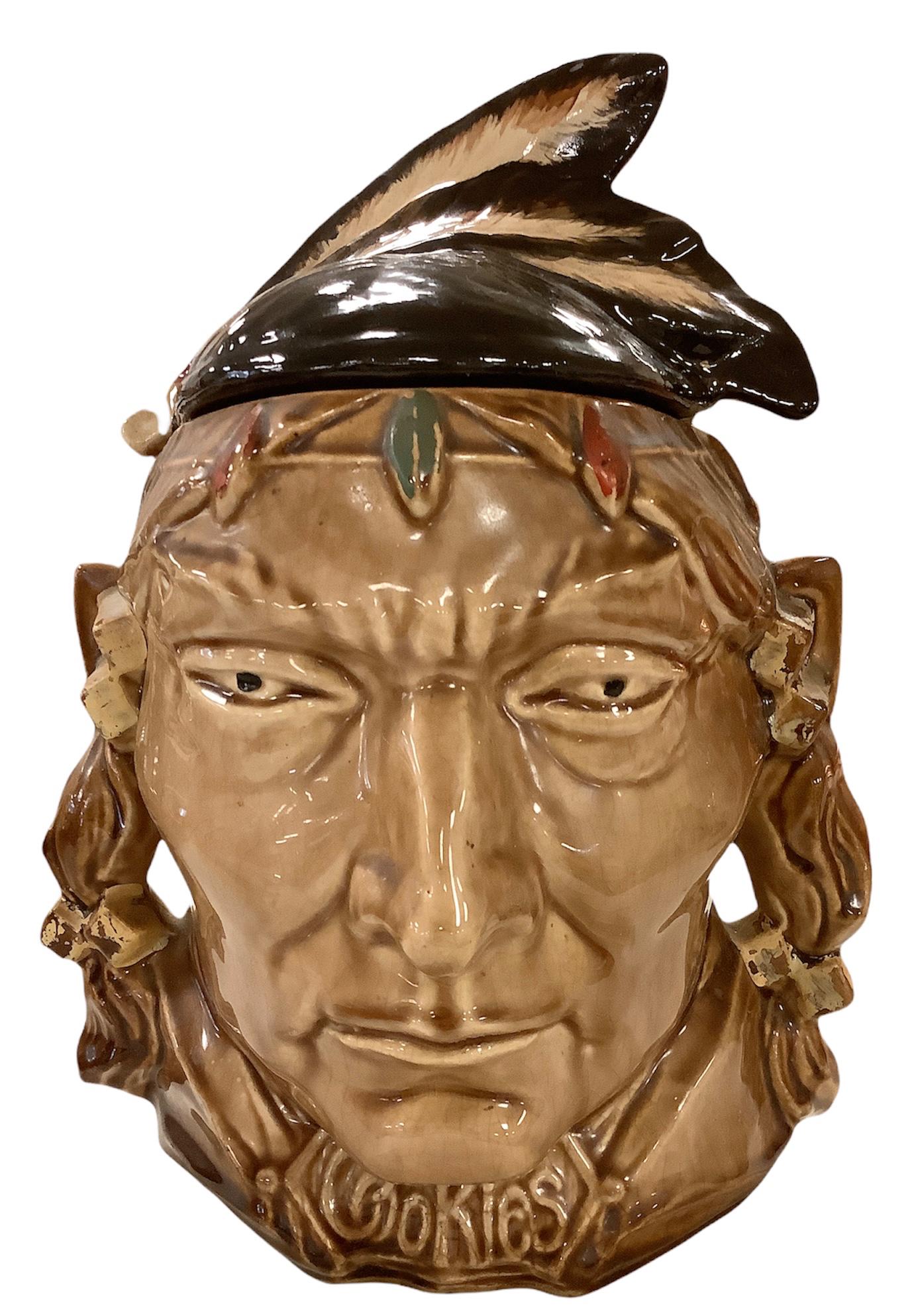 McCoy glazed pottery Native American figural cookie jar 11" tall (1 of 2)