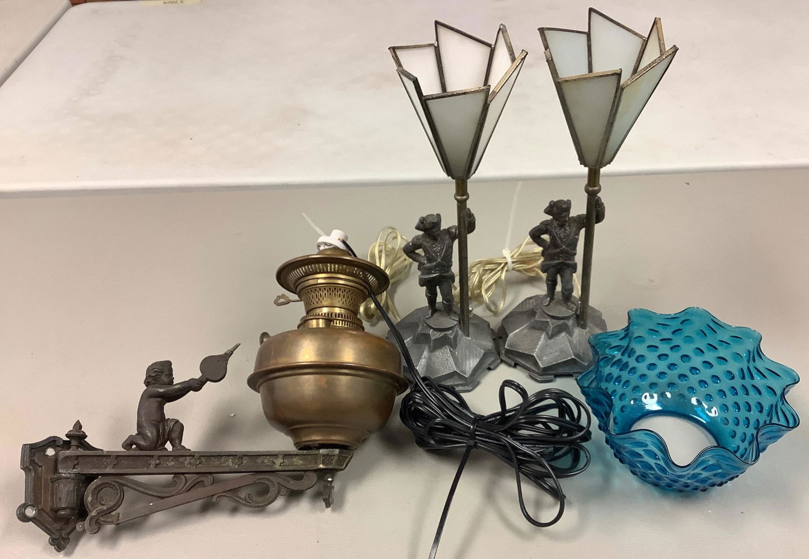 Lot of (3) electric lamps. (1) hangs on wall 12.5" wide & (2) table lamps 14" tall and (1) blue (1 of 1)