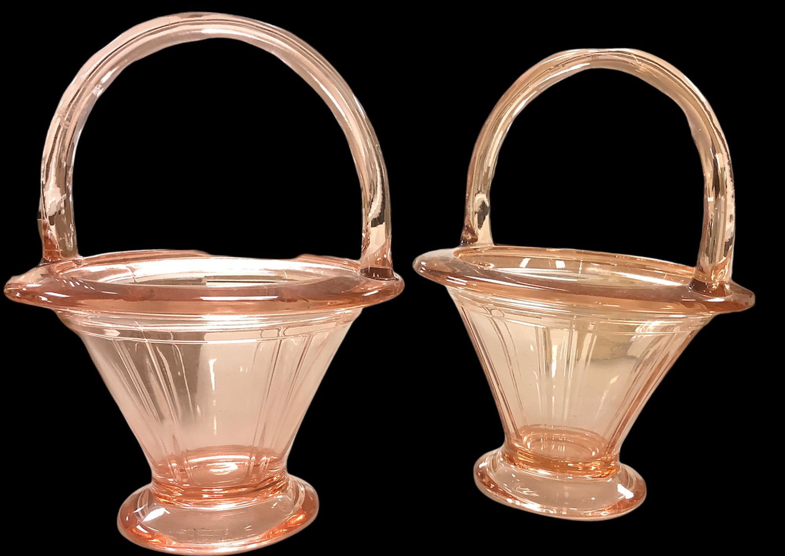 Pair of Flamingo double rib and panel Heisey glass baskets 8" tall x 6" diameter: Pair of Flamingo double rib and panel Heisey glass baskets 8" tall x 6" diameter