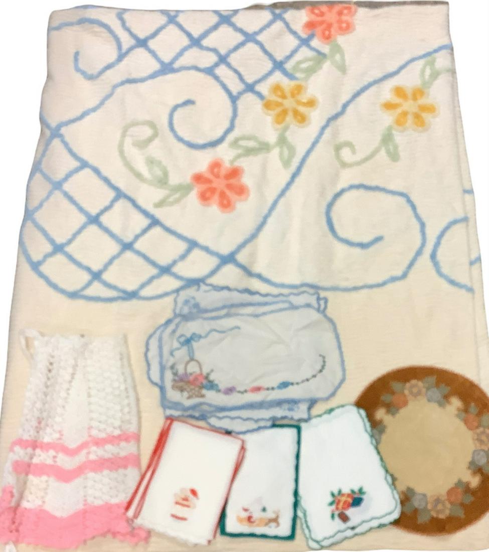 Lot of vintage doilies, handkerchiefs and a chenille bedspread measuring 104" x 86", bedspread has a (1 of 2)