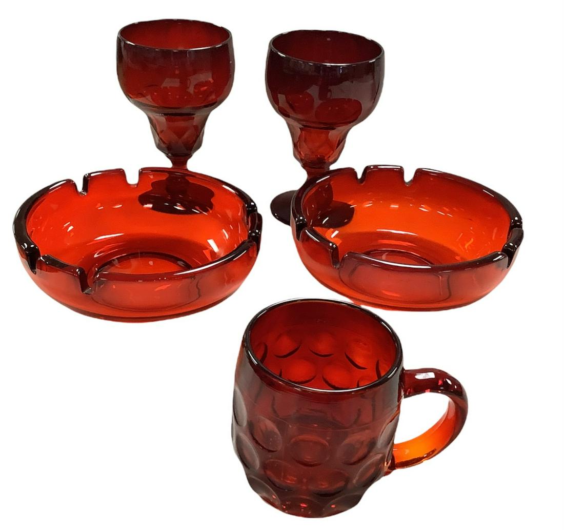 Midcentury glass 2 Ruby red cigar ashtrays, 2 Fenton water goblets Georgian Pattern and a Ruby red (1 of 1)