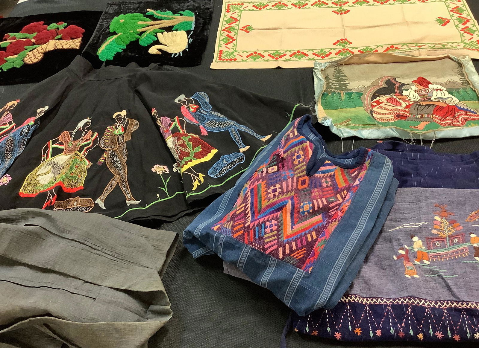 Lot of vintage textiles including square ribbon red/white/blue Ã¬shawl" w/fringe @ approx 72" x 72", (1 of 3)