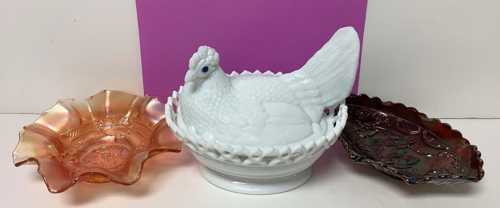 Lot of 3 vintage glass items including a Fenton iridescent 7 1/2" wide dish, a ruffled edge (1 of 2)