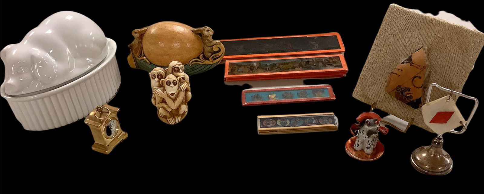 Lot of a variety of different items including Folk Art wooden egg in a boat with two bunnies , (1 of 1)