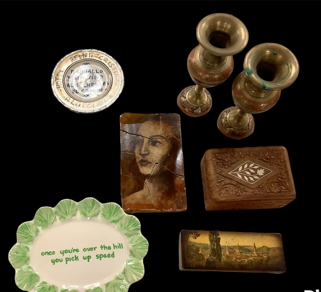 Lot of a variety of items 7.5" brass candle stick holder. Vintage wooden carved jewelry box. Wooden (1 of 1)