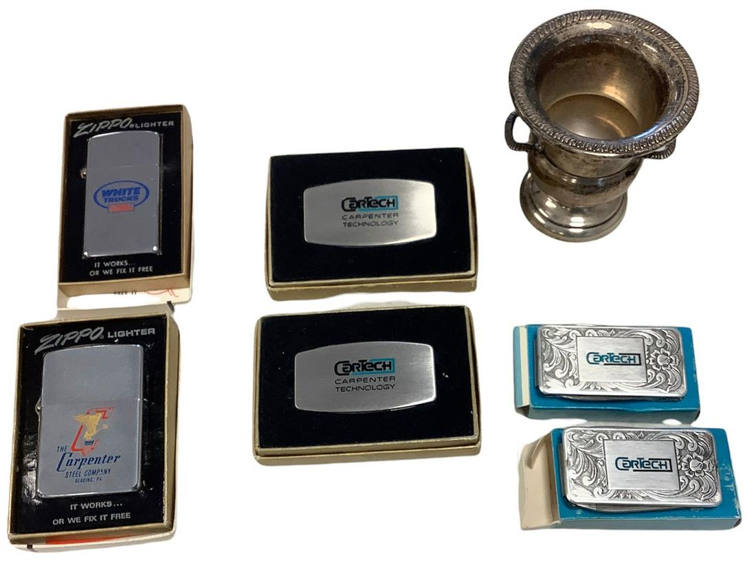 Lot of 2 Zippo lighters (1 marked White Trucks, 1 marked Carpenter Steel), 2 Zippo pocket knives and (1 of 1)