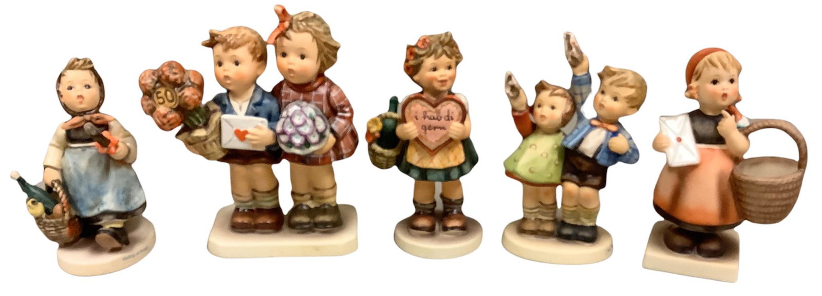 Five Hummel figurines, Visiting an Invalid, Jubilee, Valentine Gift, Mediation and Auf Wiedersehen, (1 of 2)