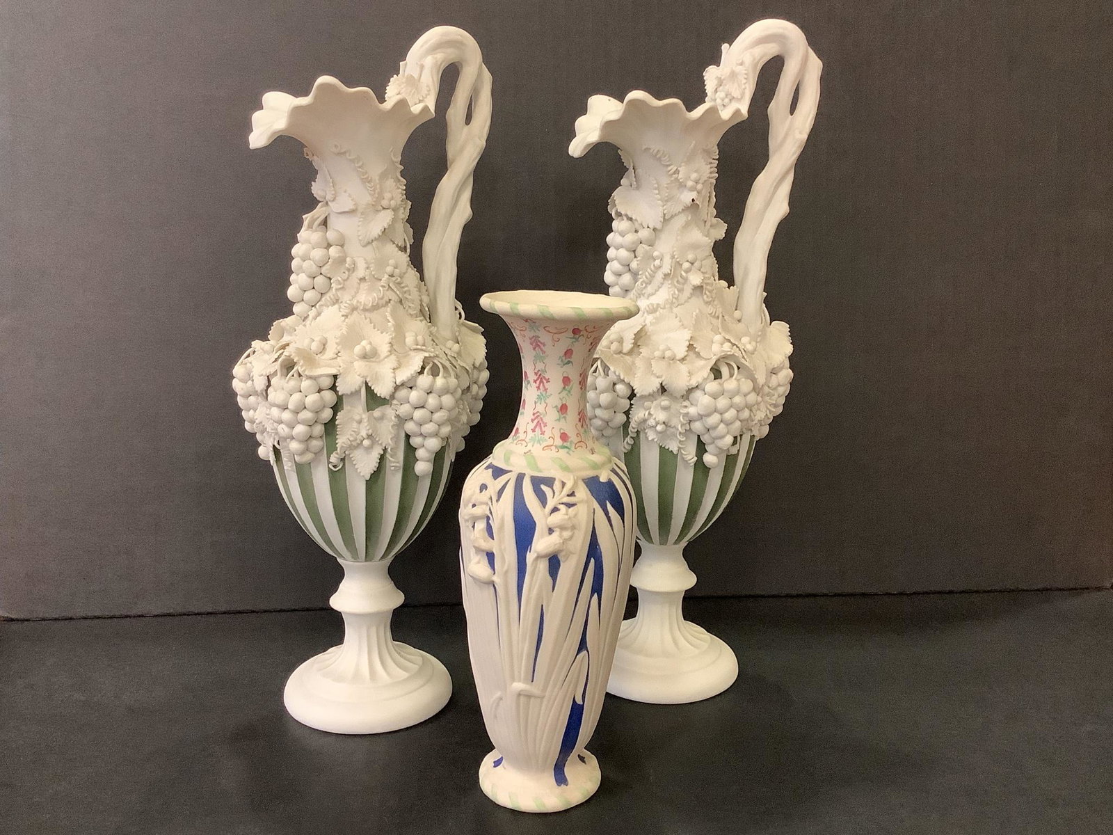 Parian ware, Ewers 13.5"H very minor chips, vase 9"H hairline on rim, minor chips throughout: Parian ware, Ewers 13.5"H very minor chips, vase 9"H hairline on rim, minor chips throughout