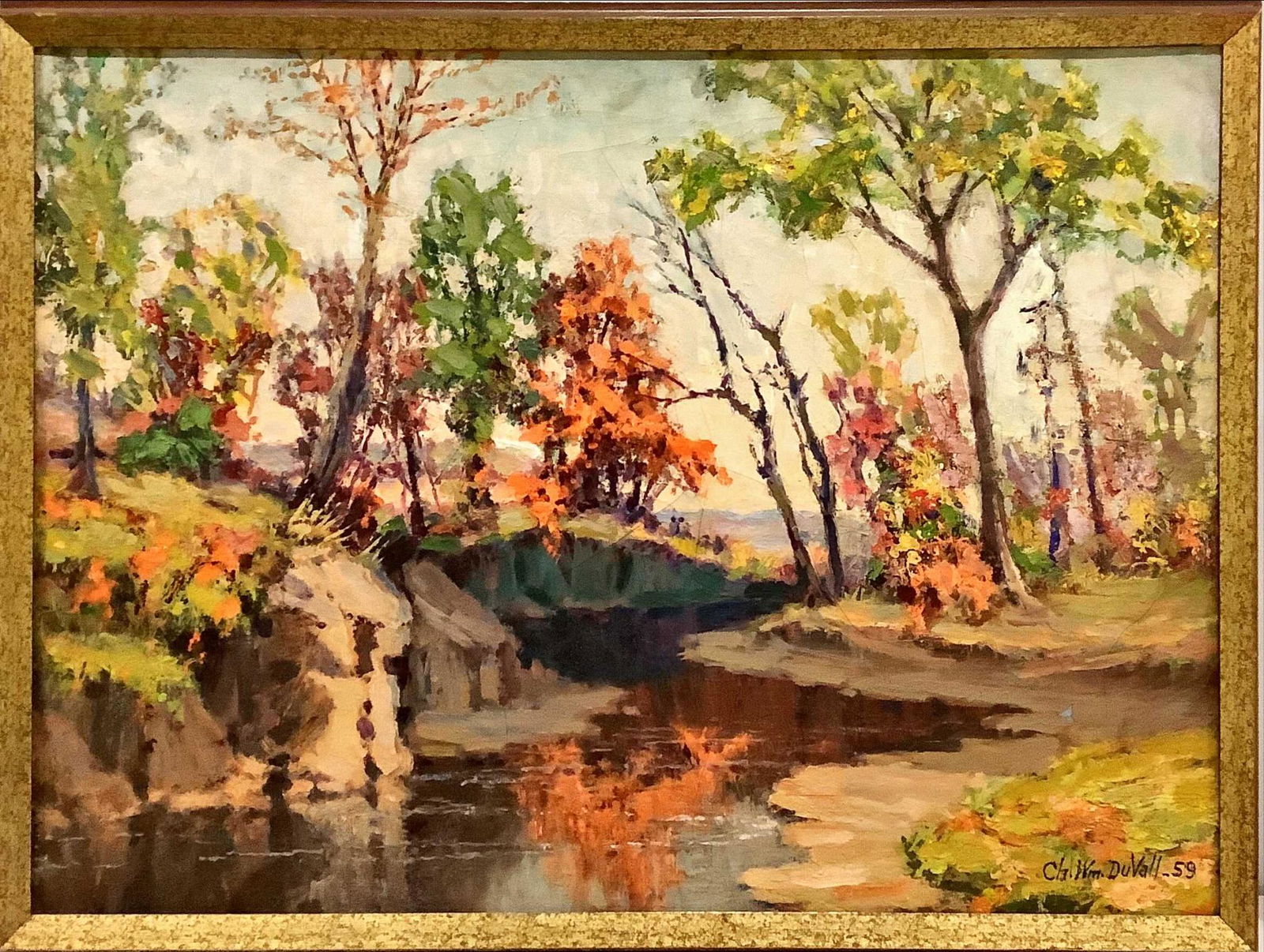 Charles William Duvall (American 1865-1966) "Fall Landscape" oil on canvas. Signed lower right and: Charles William Duvall (American 1865-1966) "Fall Landscape" oil on canvas. Signed lower right and dated â€˜55. 20" x 28". Overall craquelure and small area of paint loss