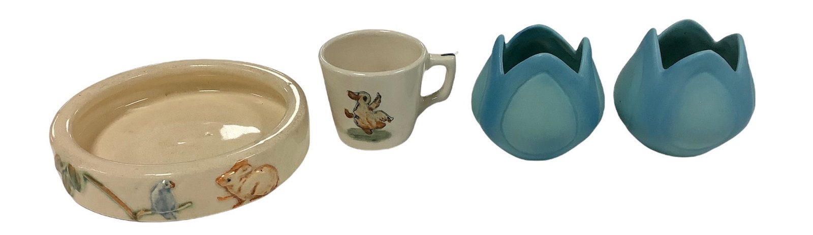 Weller pottery child's stoneware dish, 7"d, and mug and 2 Van Briggle tulip vases, 3.75"h. (1 of 4)