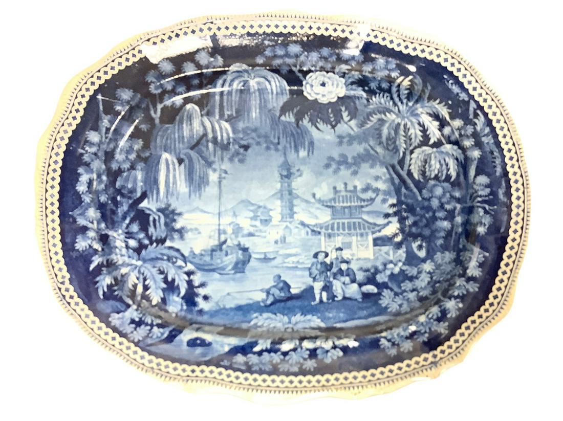 15.75 x 17.75" blue Transferware platter Asian scene (1 of 1)