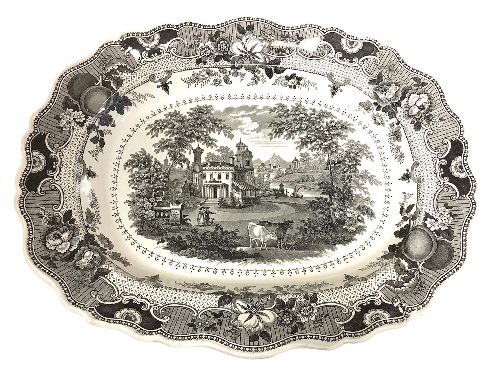 14" x 17.5" black transferware platter Parisian Chateau by R Hall (1 of 2)