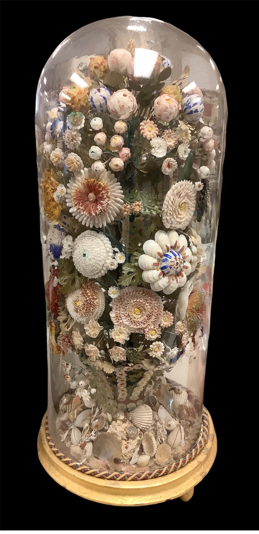 Rare large Victorian Shell Art centerpiece @ 26" tall in glass dome. Victorian shell art was popular (1 of 4)