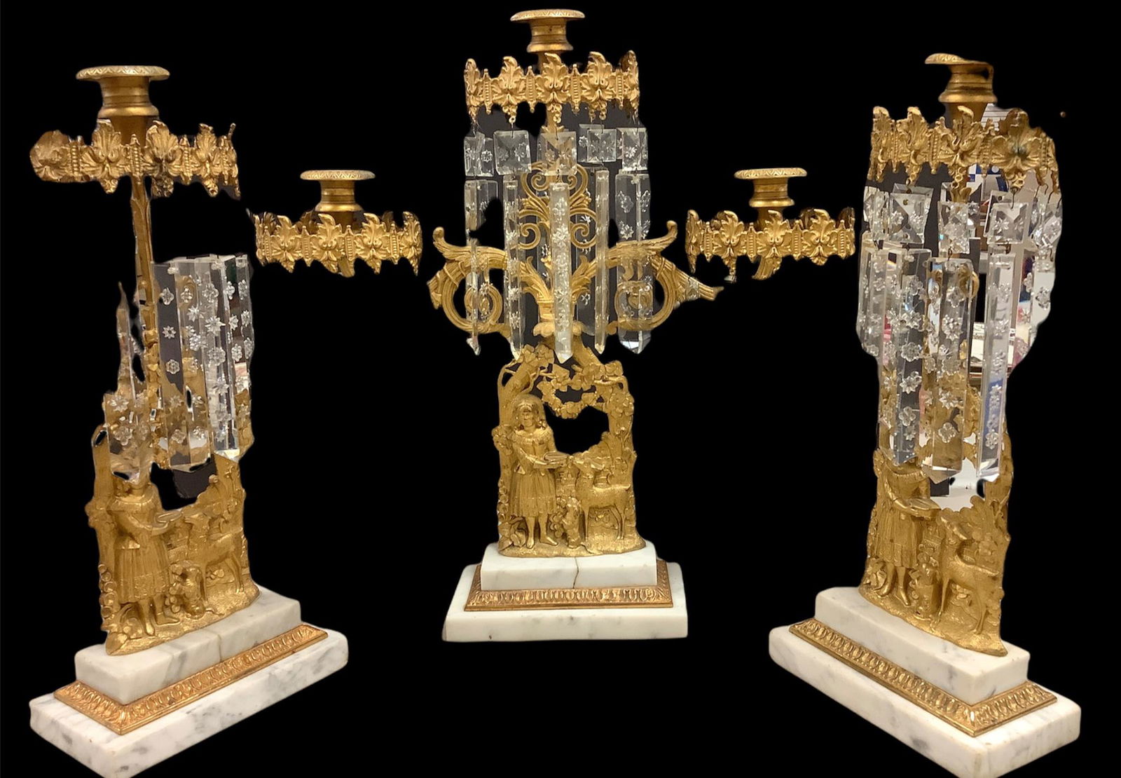 Lot of 3 girandoles w/crystal prisms (one missing), marble bases (some cracks), with a girl feeding (1 of 3)
