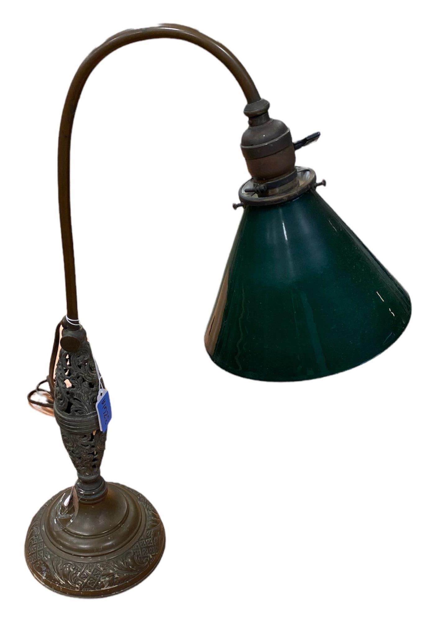Antique brass goose neck desk lamp with original green overlay shade. 22" tall. (1 of 1)