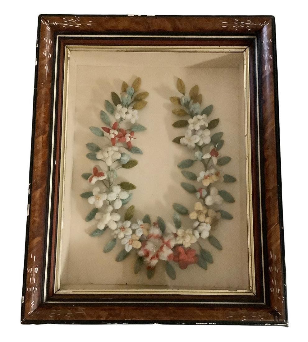 Antique Victorian handmade floral mourning wreath in shadow box frame 29.25" x 23.25 x 5.75 (1 of 1)