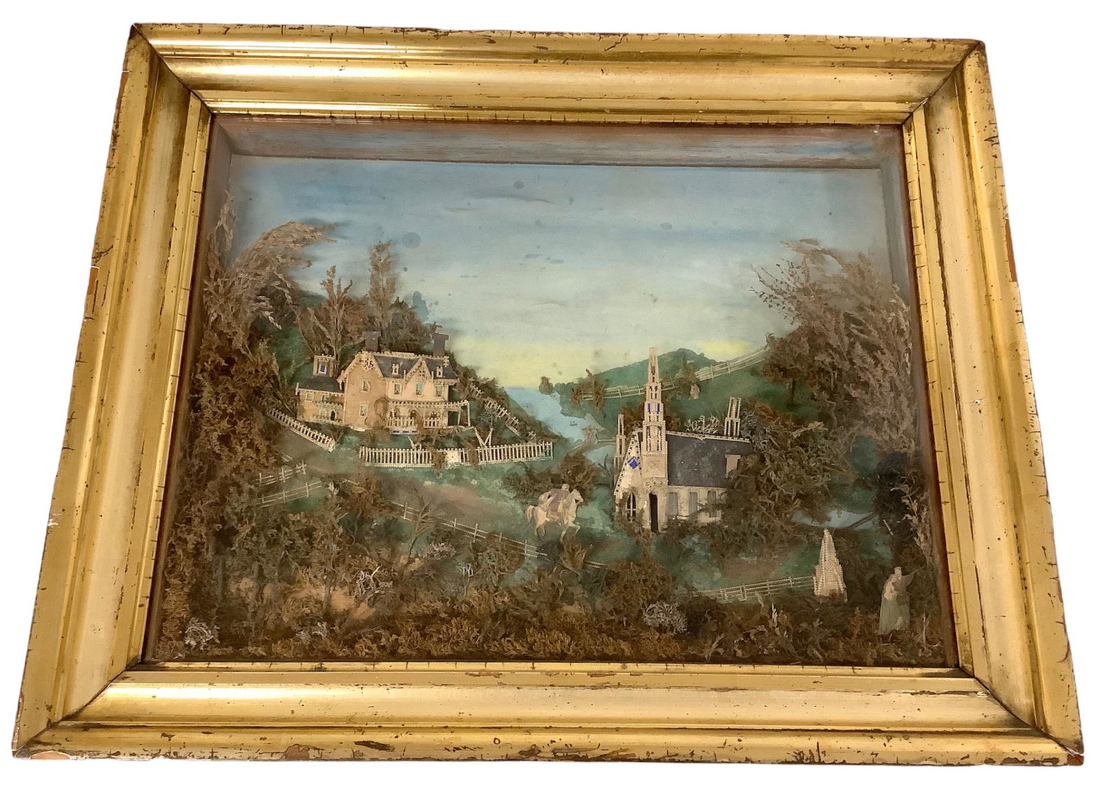 20.25 x 17" shadow box 3-D country scene made from plants and paper: 20.25 x 17" shadow box 3-D country scene made from plants and paper