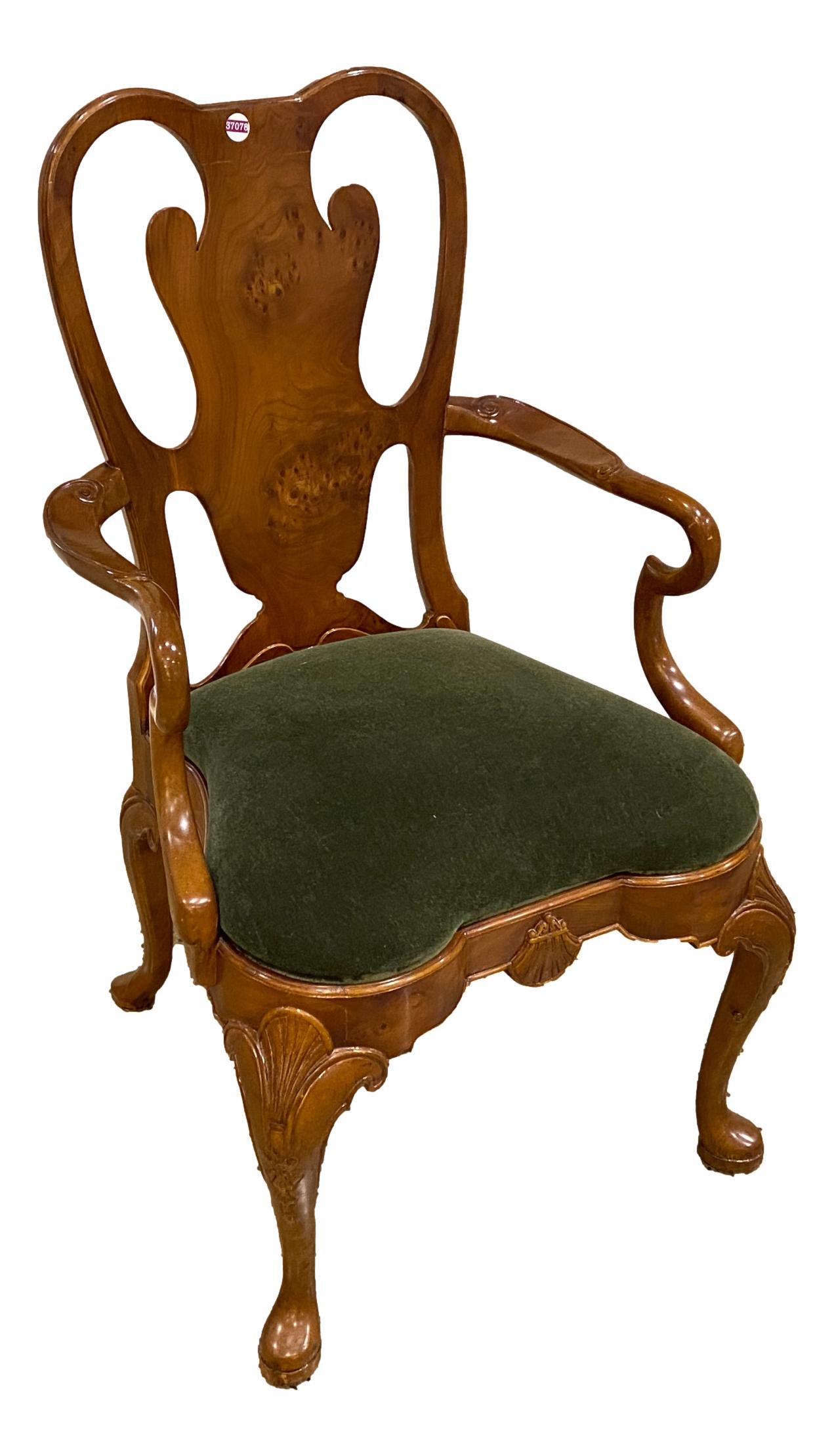 Burled wood Queen Anne style carved armchair with green crushed velvet upholstery, 41" tall.: Burled wood Queen Anne style carved armchair with green crushed velvet upholstery, 41" tall.