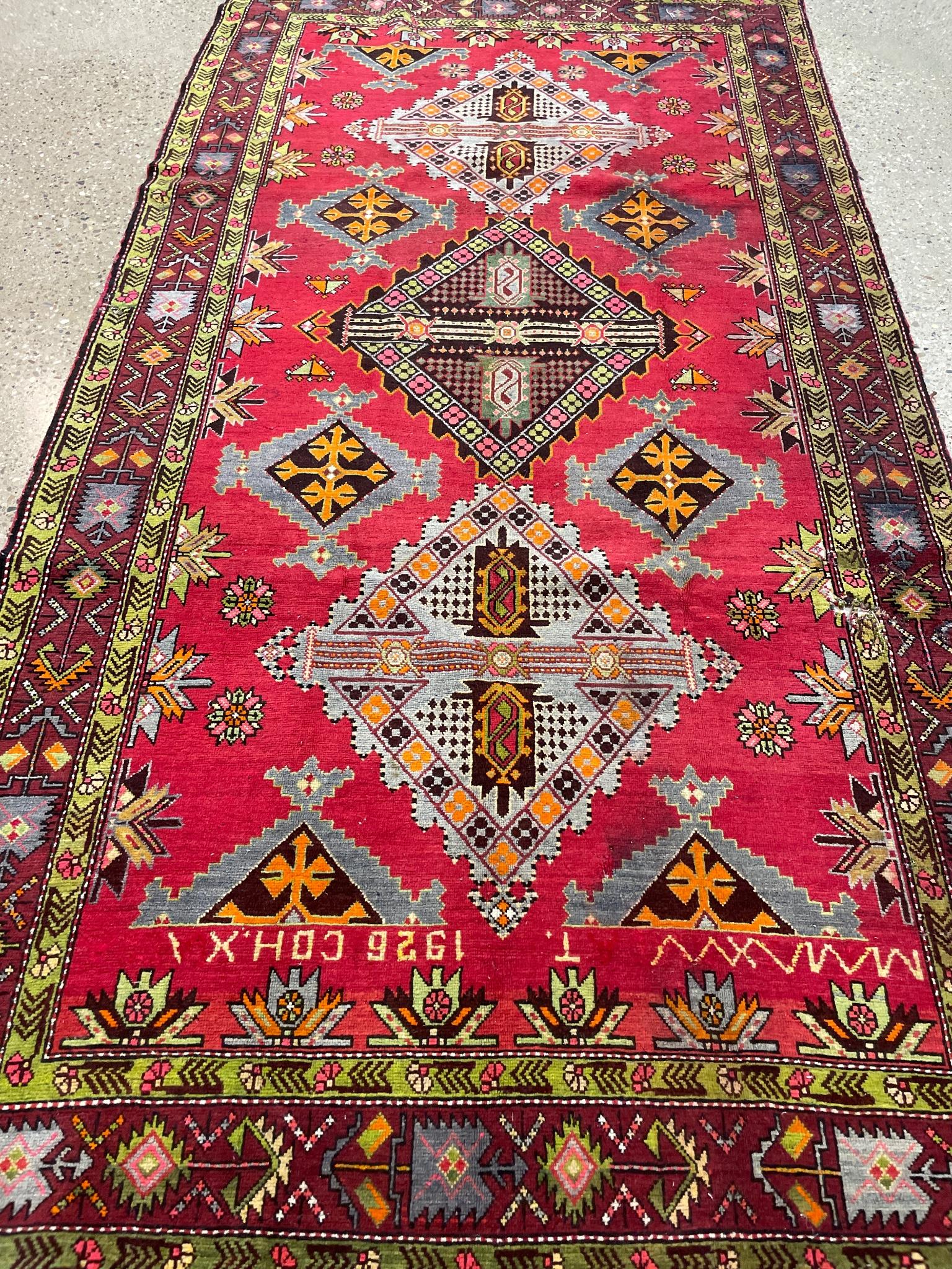 Oriental rug, antique Caucasian Kazak signed, circa 1920's, 5' x 10'. (1 of 6)