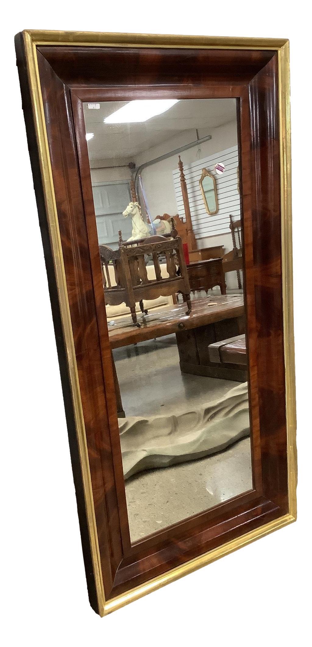 O.G. mirror with flamed mahogany and painted gold trim, 25" x 49" (1 of 2)