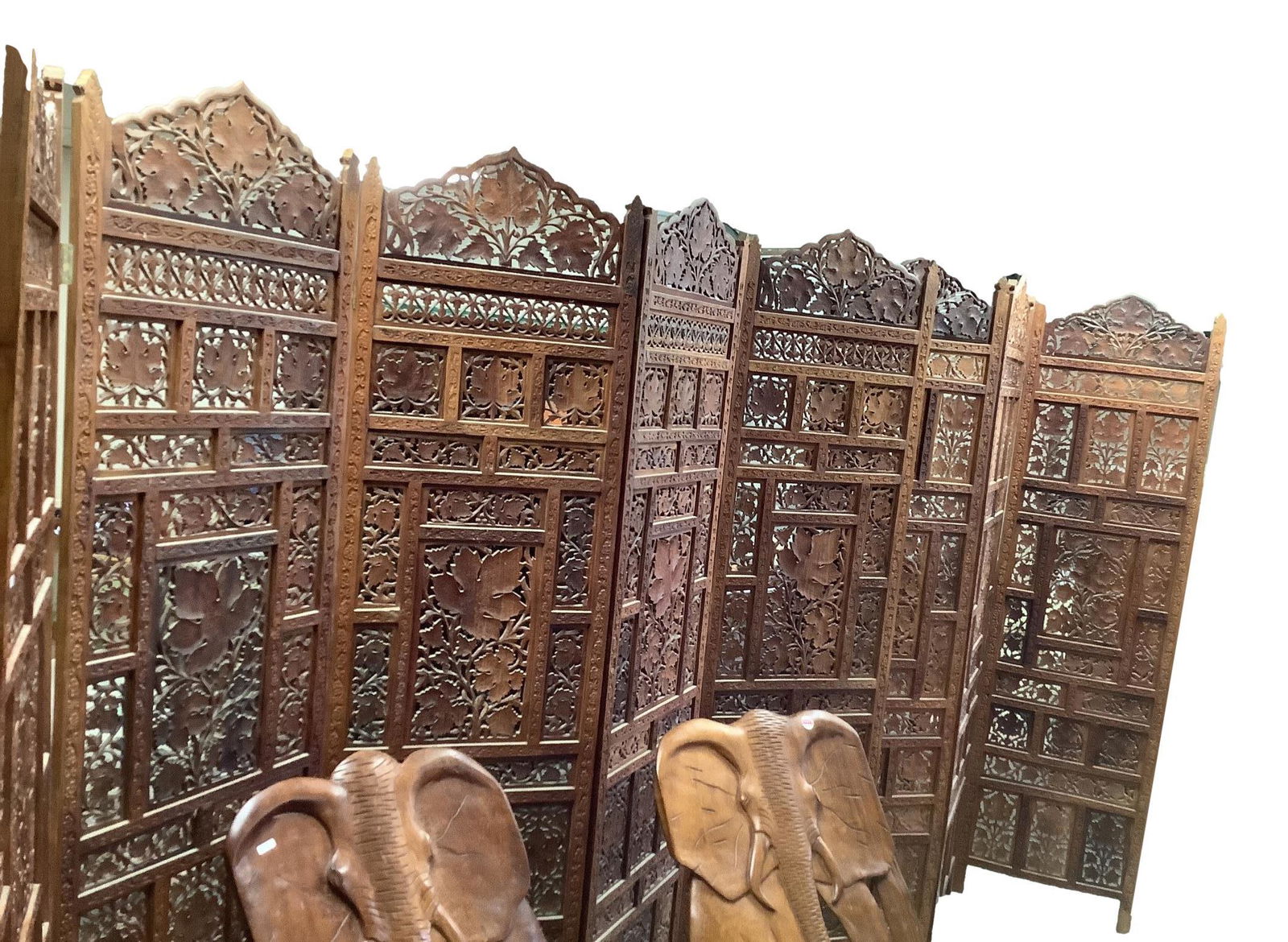 Carved Asian two four panel room dividers, one panel has broken crest and needs reattached. Each (1 of 2)