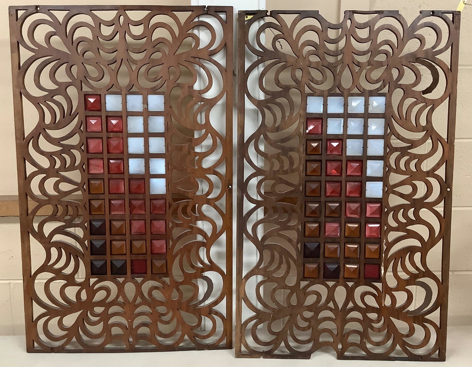 Lot of (2) wooden wall hangings with tinted glass squares. Both 20.25"-33" (1 of 1)