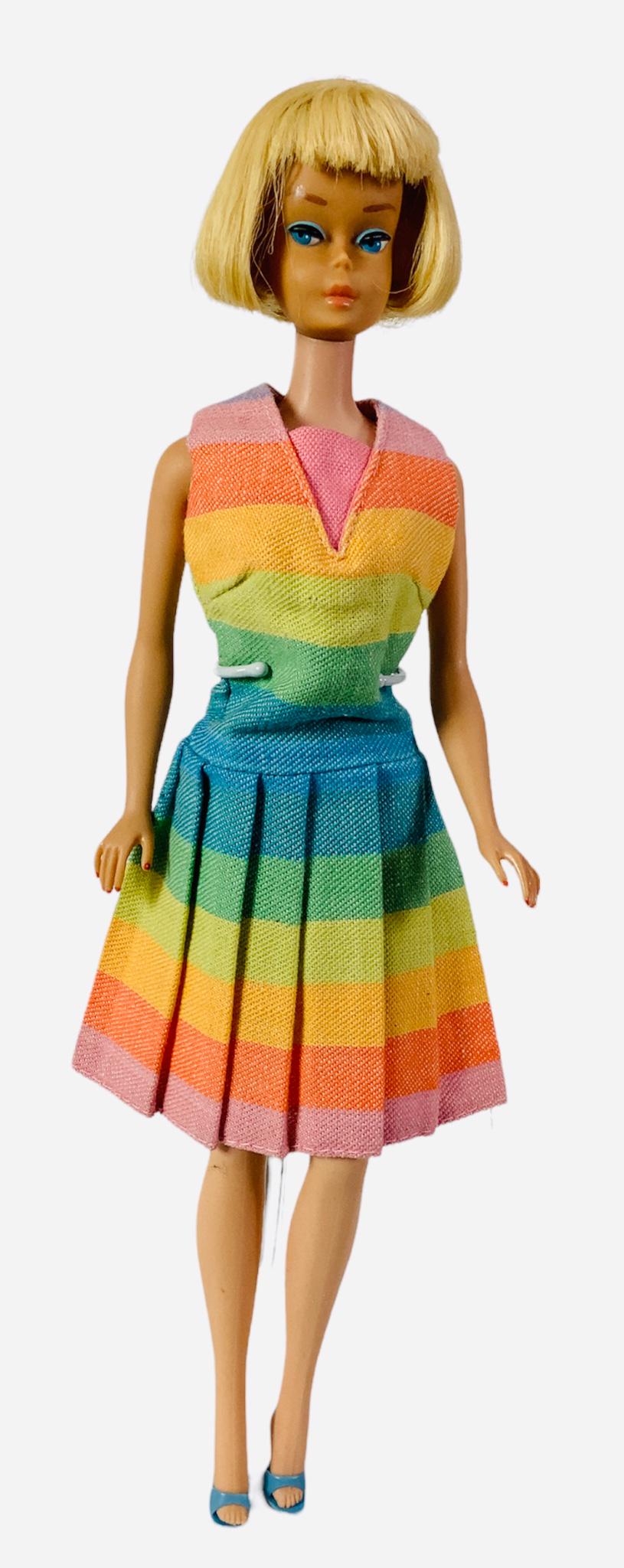 1965/66 Transitional Blonde American Girl Barbie. Nail and facial paint good, retains coral lip: 1965/66 Transitional Blonde American Girl Barbie. Nail and facial paint good, retains coral lip color, knee joints work well (three clicks), one piercing in each ear, no discoloration on right ear, sl