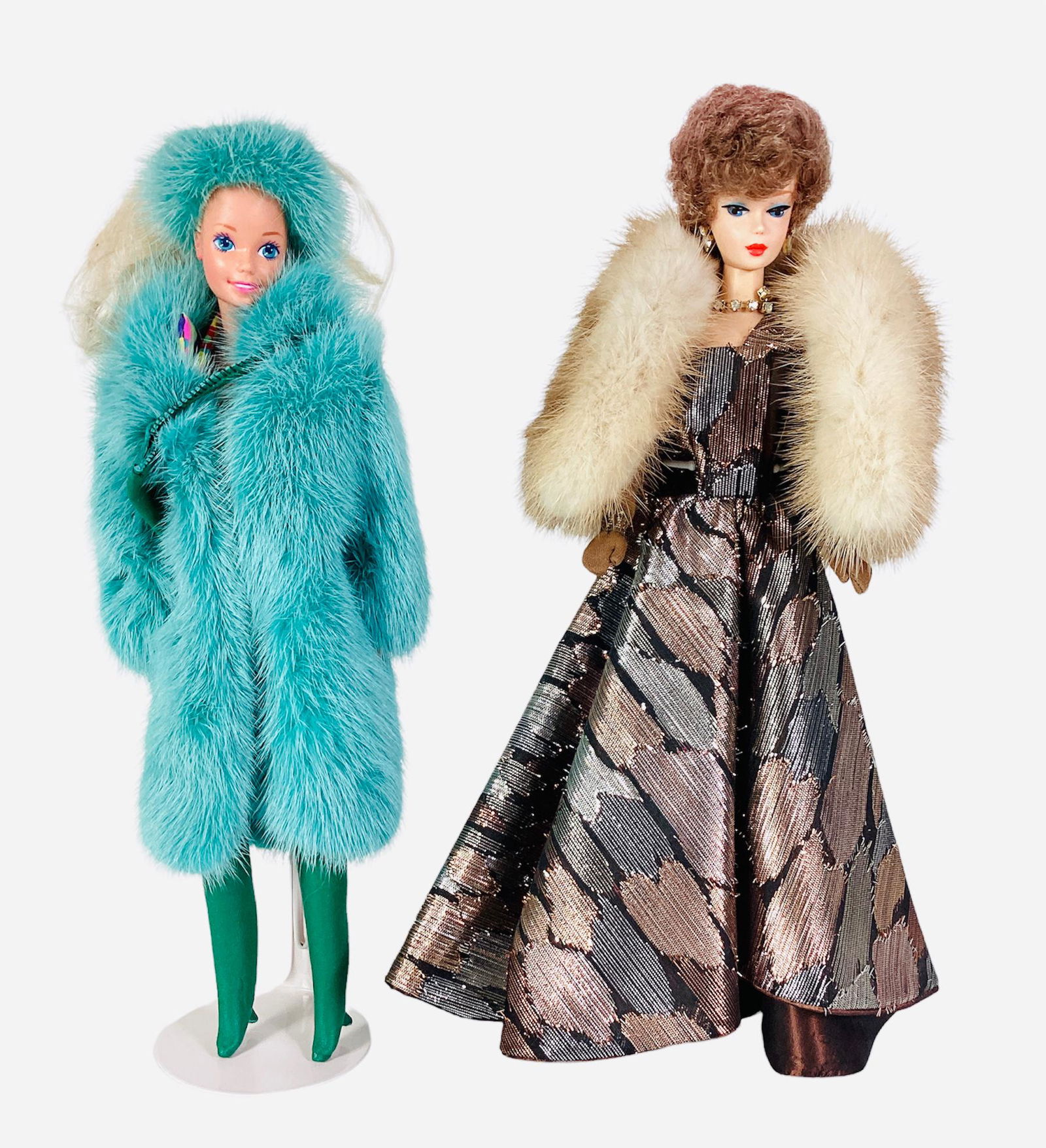(2) Beautiful Barbie dolls wearing real fur coats including (1) turquoise long fur with matching (1 of 1)
