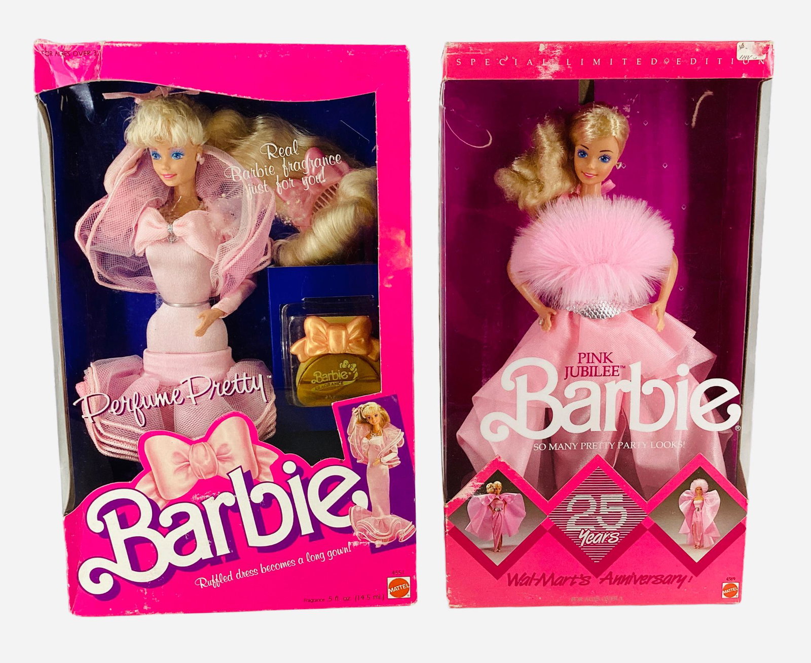 2 Barbies, "Perfume Pretty" in pink dress, NRFB and "Pink Jubilee" pink dress, NRFB. Perfume Pretty: 2 Barbies, "Perfume Pretty" in pink dress, NRFB and "Pink Jubilee" pink dress, NRFB. Perfume Pretty box has damage on left corner.