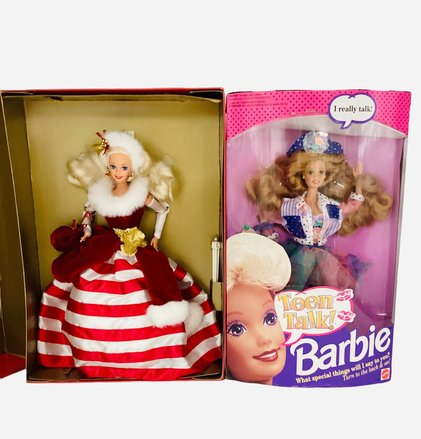 2 Barbies, "Teen Talk" in orginal box with some damage at bottom. "Peppermint Princess" in orginal: 2 Barbies, "Teen Talk" in orginal box with some damage at bottom. "Peppermint Princess" in orginal box with some minor wear.
