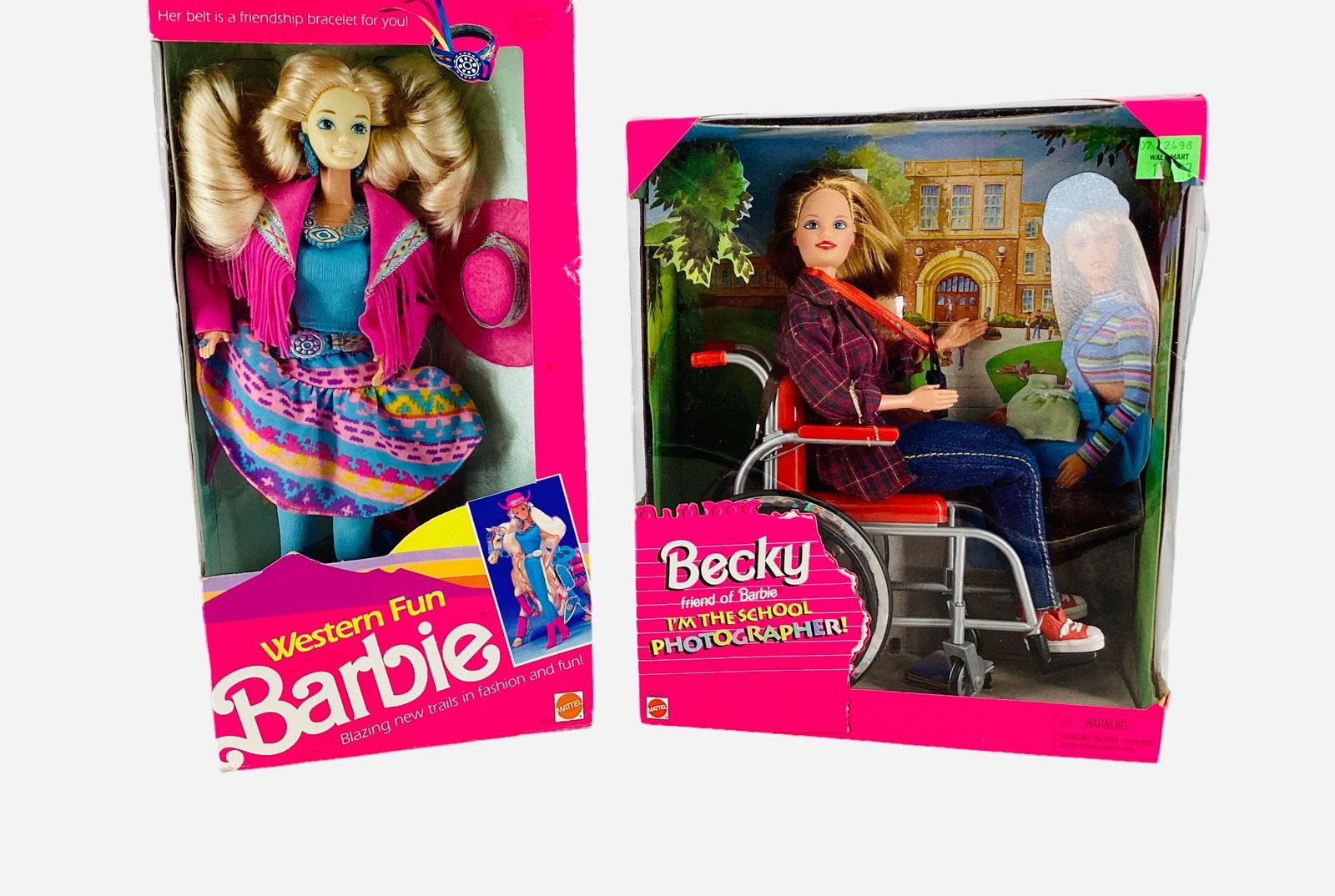 Lot of Barbie and Friend including Becky "I'm The School Photographer" NRFB has minor wear and: Lot of Barbie and Friend including Becky "I'm The School Photographer" NRFB has minor wear and plastic torn. "Western Fun" Barbie NRFB has minor damage and wear.