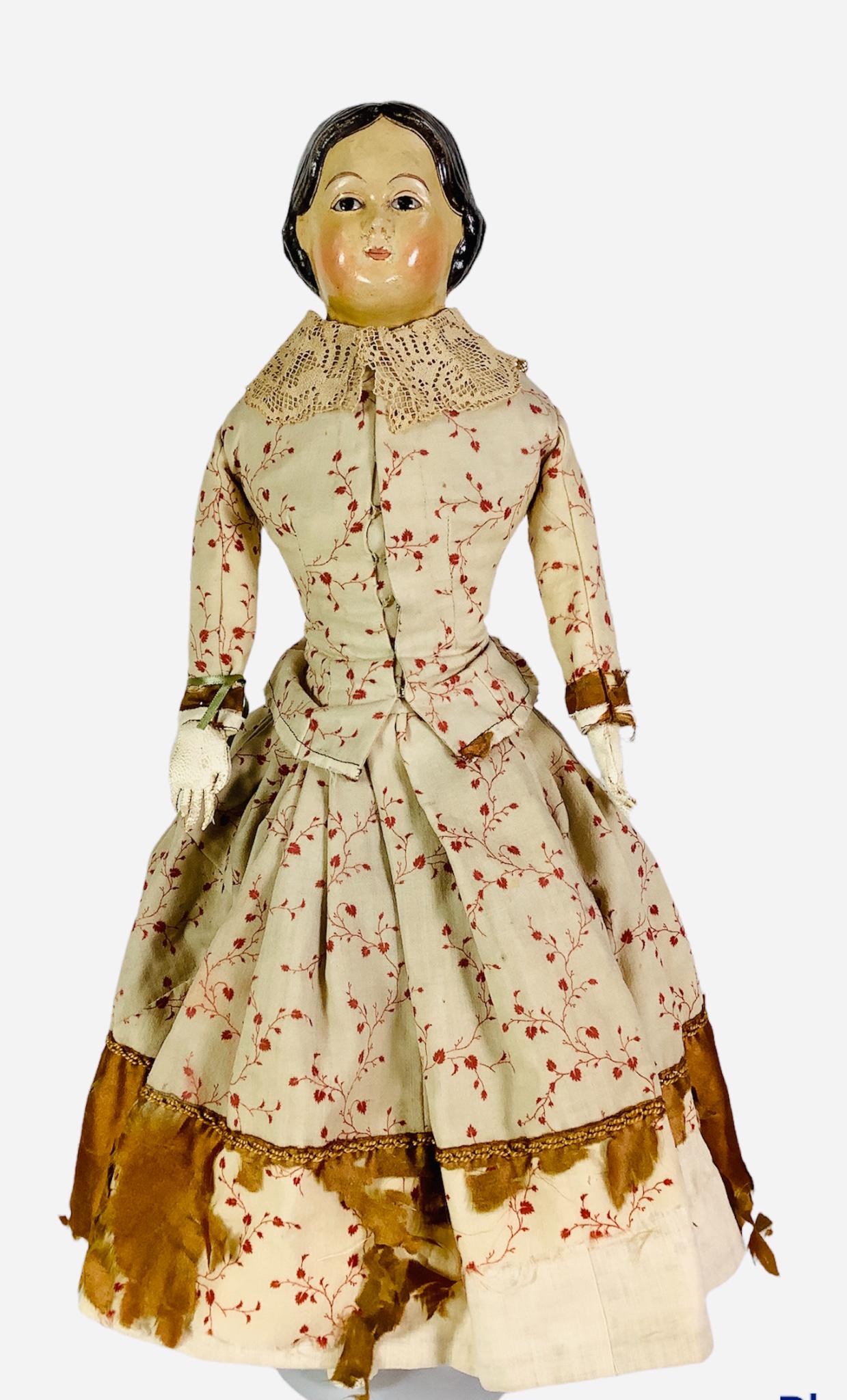 Early Greiner style Papier Mache shoulder head lady. 22" doll with molded and painted hair and (1 of 3)