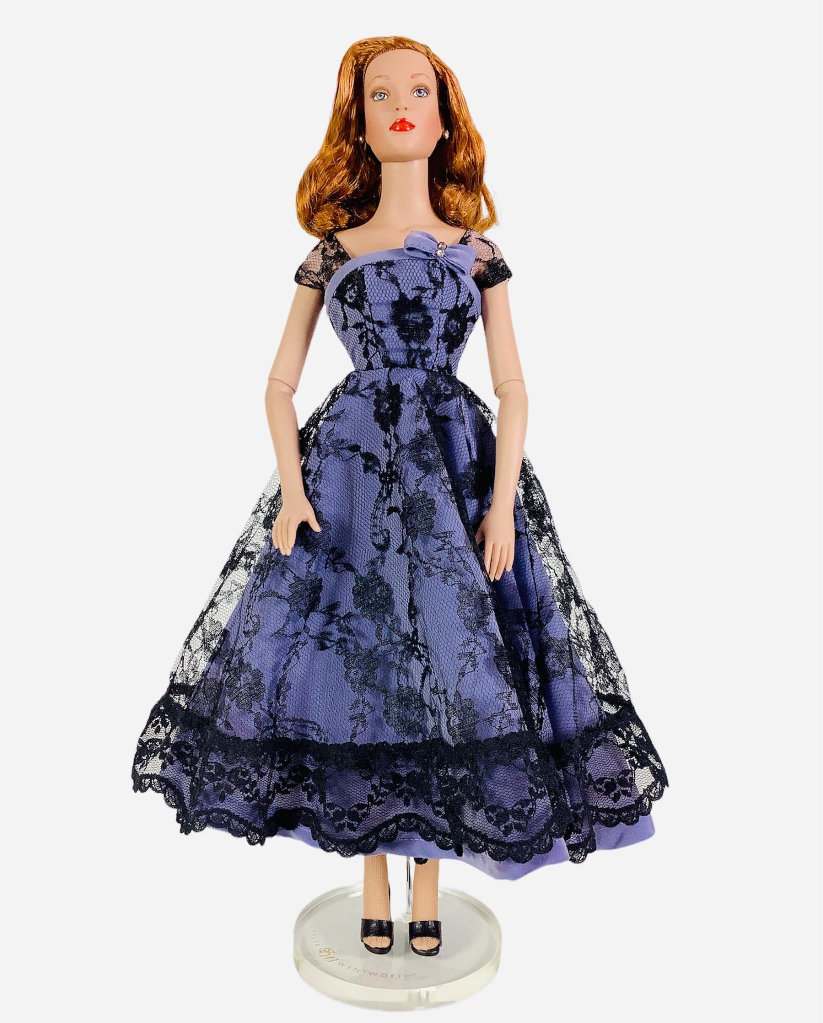 16" Tonner doll dressed in a periwinkle dress with black lace and shoes. In great condition. No box.: 16" Tonner doll dressed in a periwinkle dress with black lace and shoes. In great condition. No box.
