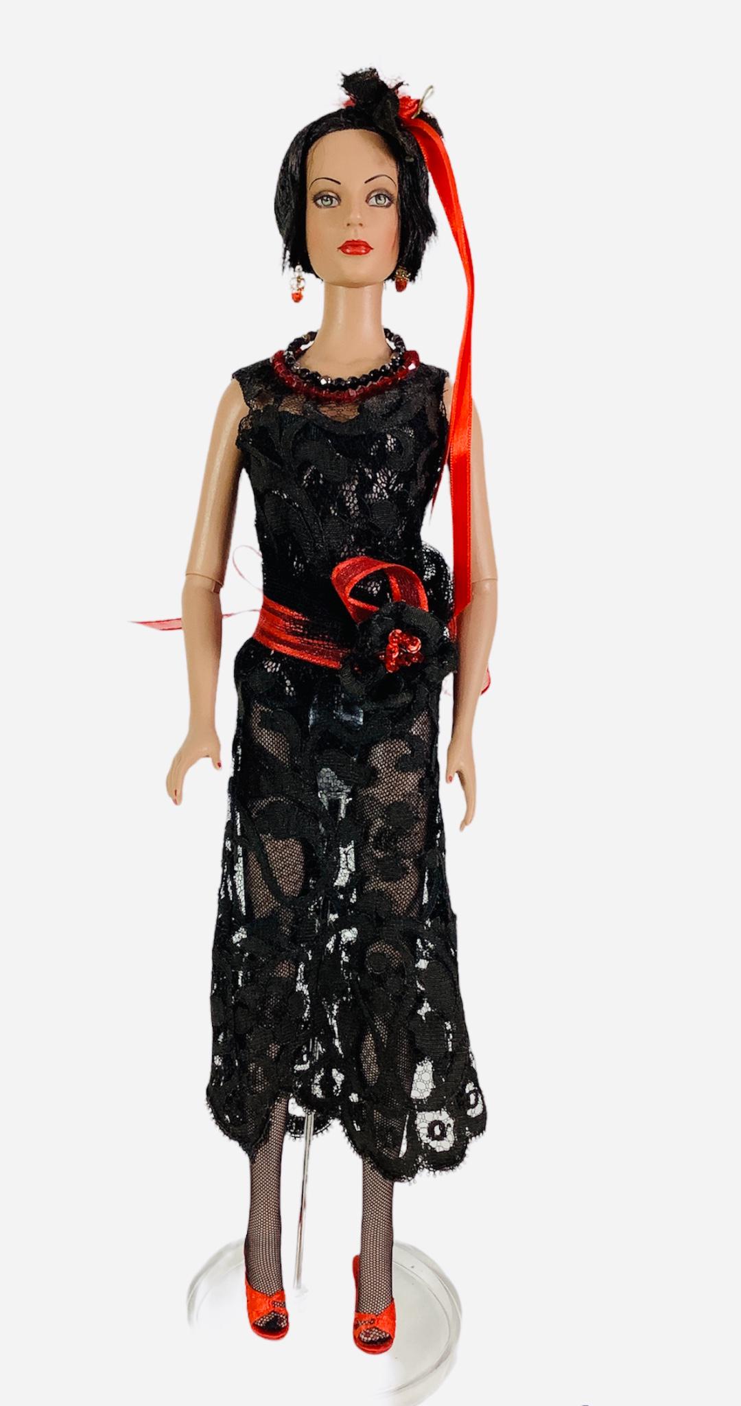 16" Tonner Sydney Chase OOAK 1920" Flapper doll dressed in black lace dressed trimmed in red. In (1 of 2)