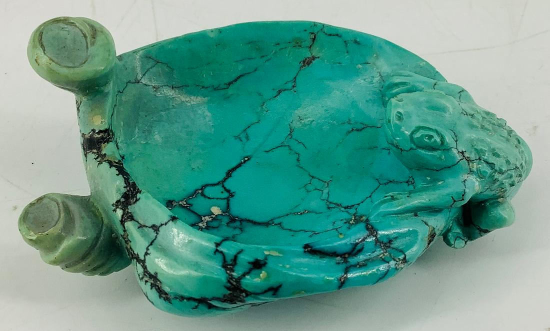 Hand Carved Turquoise Trinket Tray: Hand Carved Turquoise Trinket Tray Featuring a seashell and frog motif measuring approx. (2.7" x 1.74") unsigned piece, possibly wax injected.